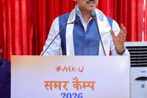 Sports Minister Col. Rajyavardhan Rathore addressing a gathering of young rural athletes, explaining the importance of mental conditioning and soft skills.