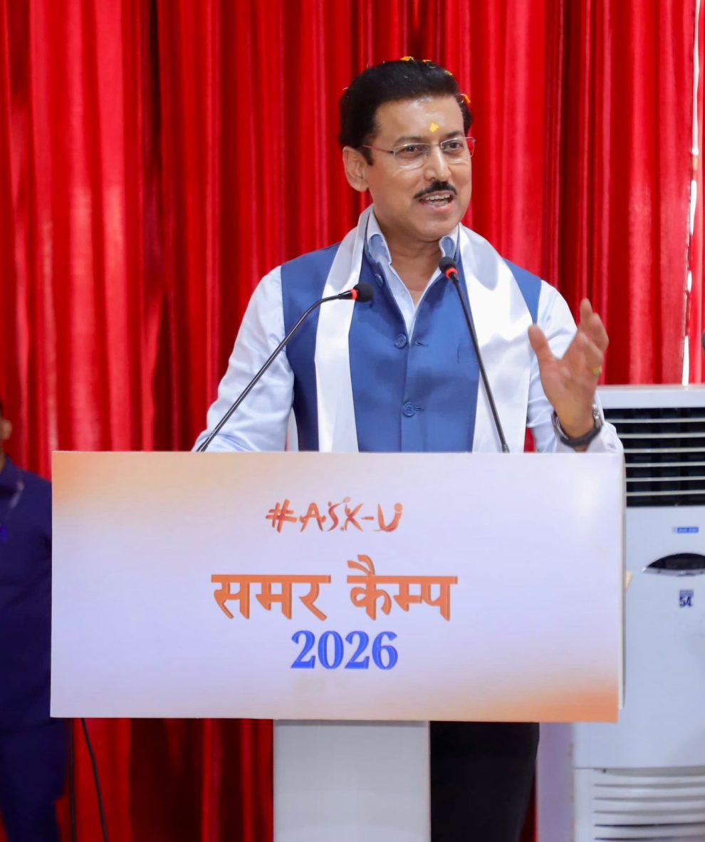 Sports Minister Col. Rajyavardhan Rathore addressing a gathering of young rural athletes, explaining the importance of mental conditioning and soft skills.