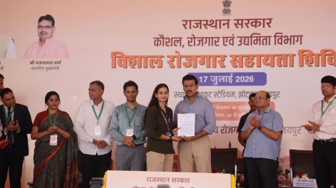 Col. Rajyavardhan Rathore interacting with youth during a job assistance camp focused on employment opportunities and skill development in Rajasthan