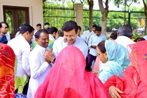 Rajyavardhan Rathore listening to residents during a Jan Samvad in Jhotwara